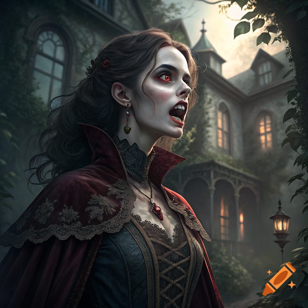 Realistic portrait of a vampire woman in gothic attire standing outside a manor at dusk.