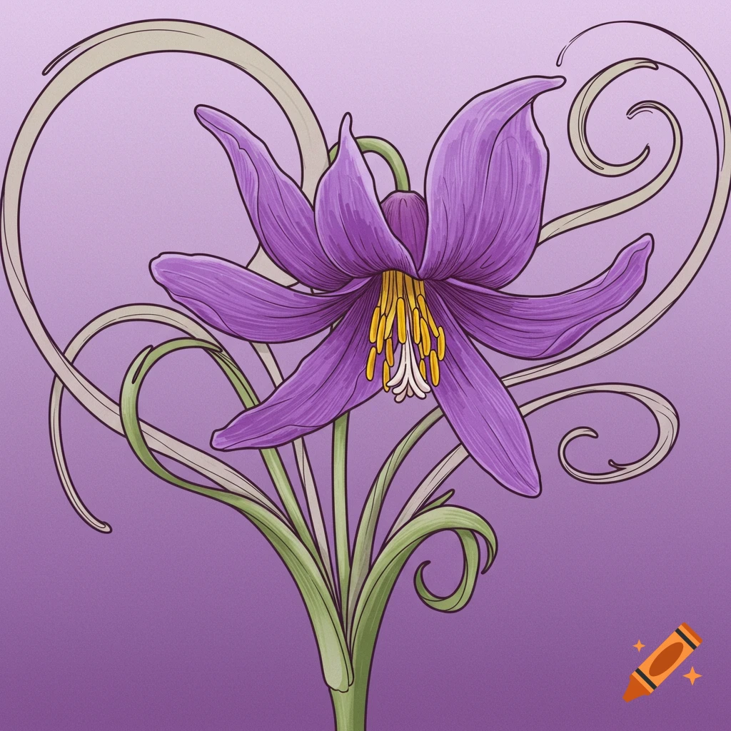 A purple flower with green leaves and swirling stems in the Art Nouveau style.