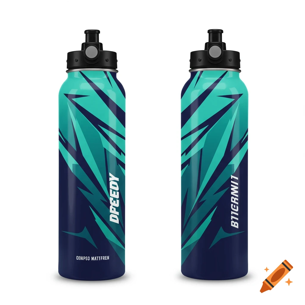 Two water bottles with a dynamic teal and navy abstract pattern.