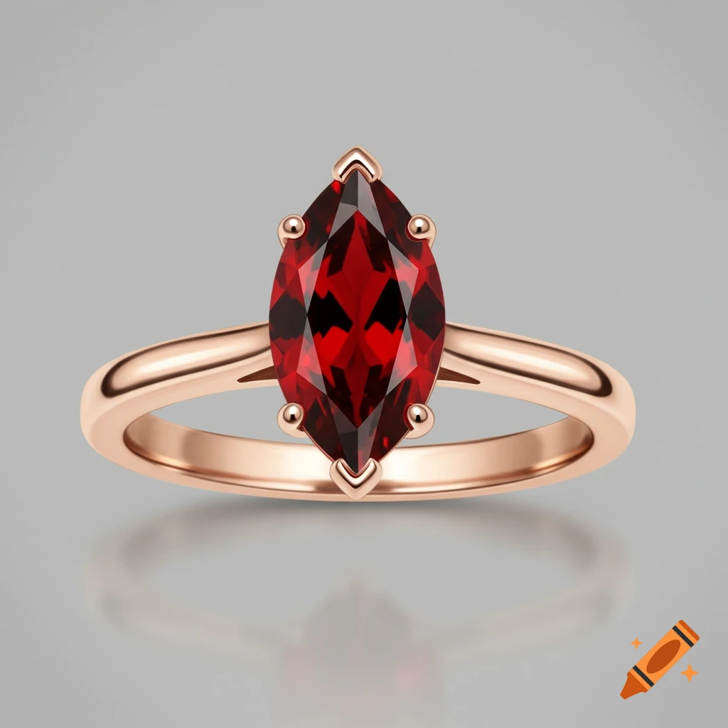 Close-up of a rose gold ring with a red marquise-cut gemstone on a grey background.