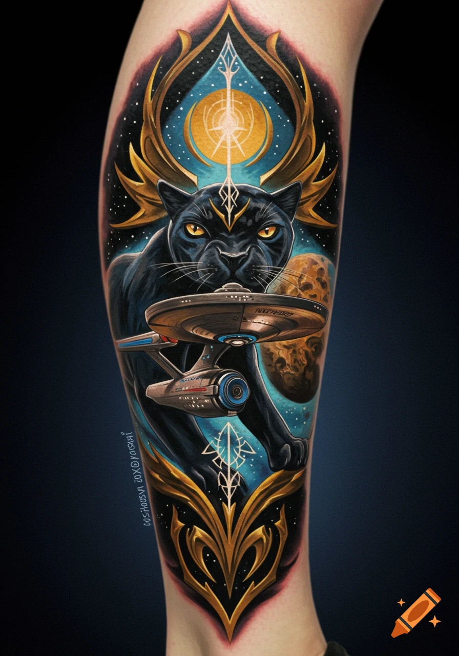 A colorful tattoo on a leg showing a black panther, a Star Trek ship, and abstract fantasy symbols in a cosmic scene.