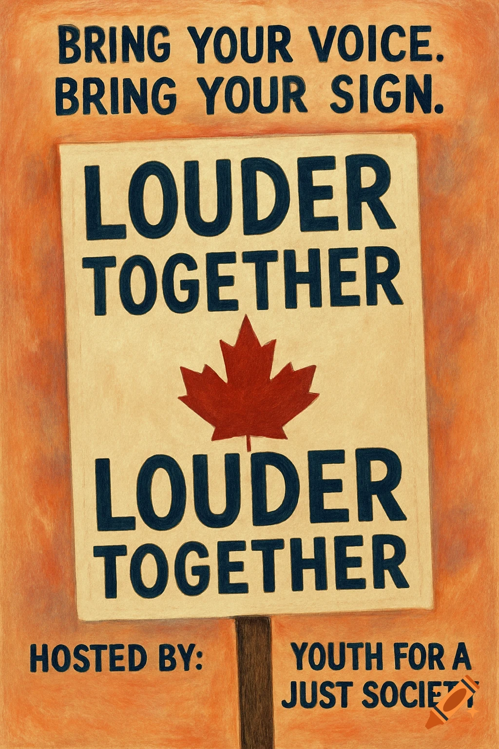 Crayon illustration of a protest sign reading 'Louder Together', with a maple leaf.