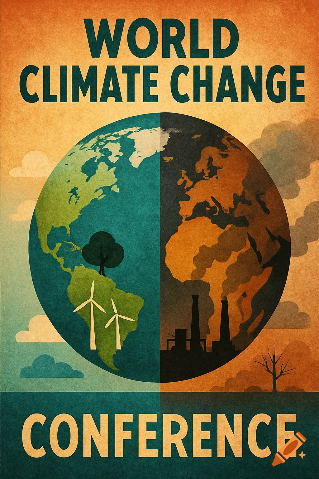 A retro-style poster showing Earth split into a green side with wind turbines and a polluted brown side with factories, promoting a climate change conference.