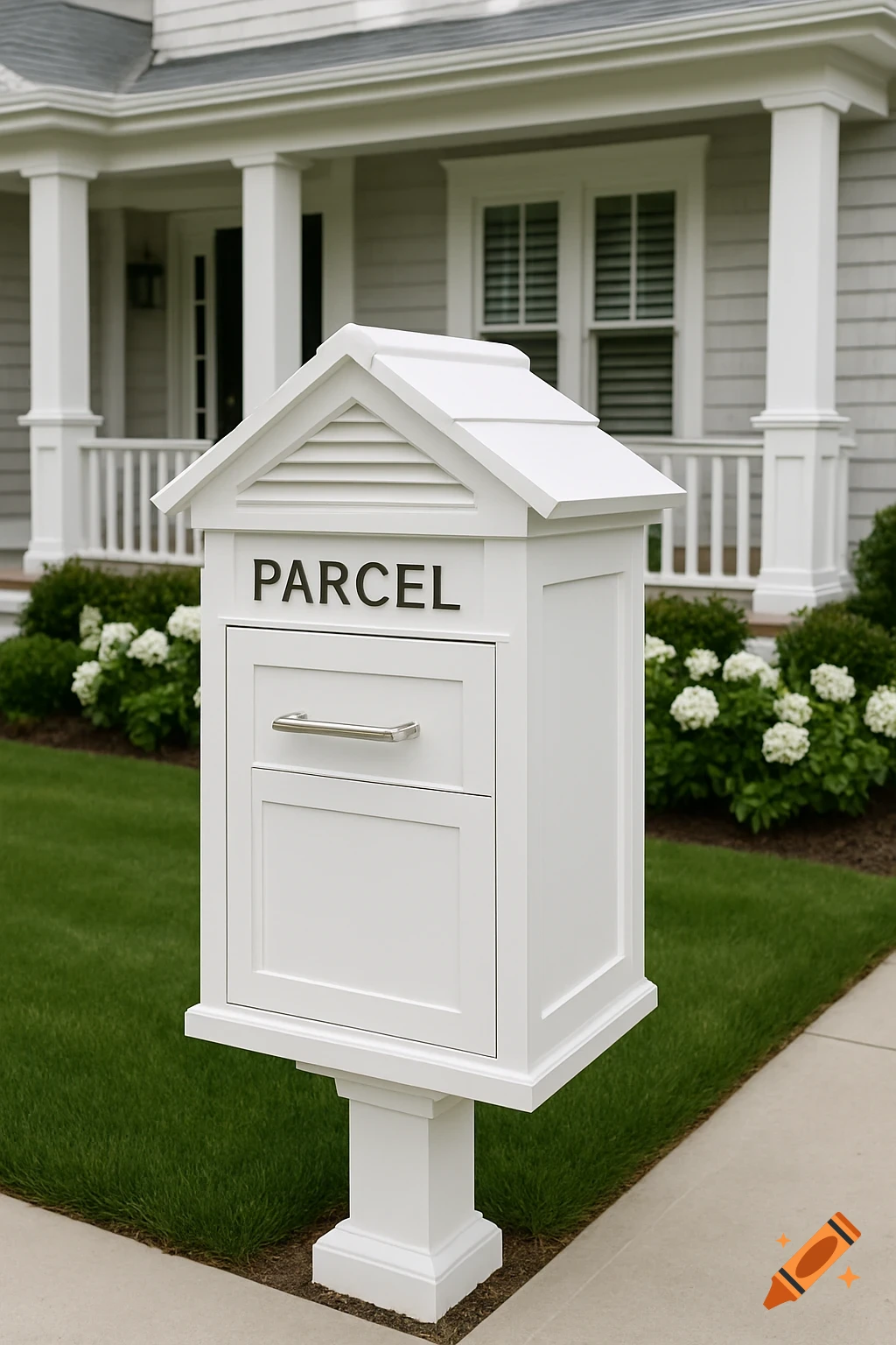 White parcel mailbox in front of a white house.