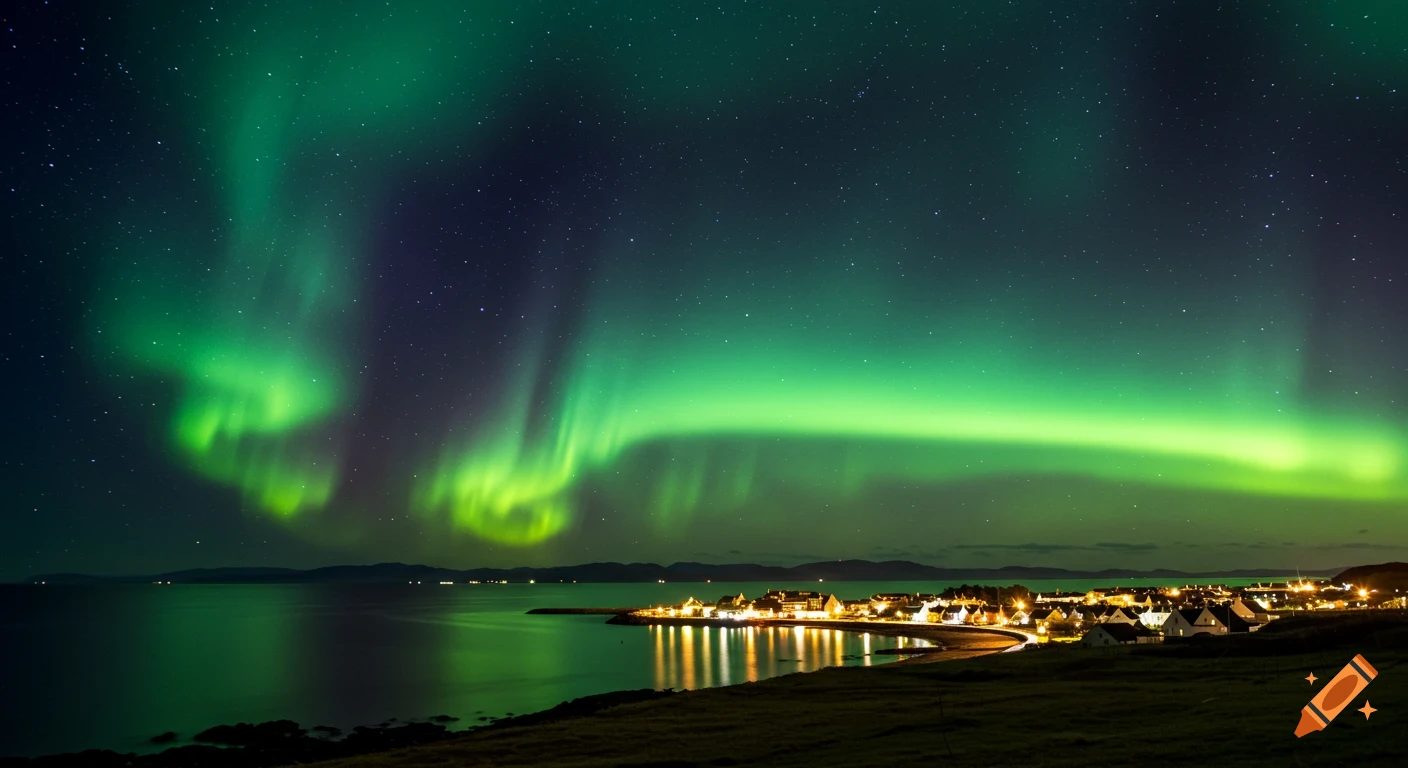 Green aurora borealis lights up the night sky over a coastal town with lights reflecting on the water.