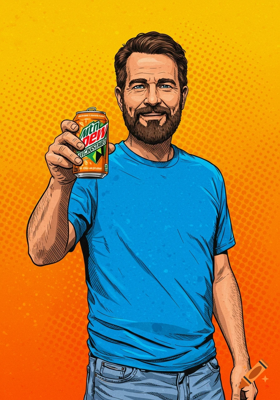 Pop art illustration of a man holding a can of Mountain Dew.