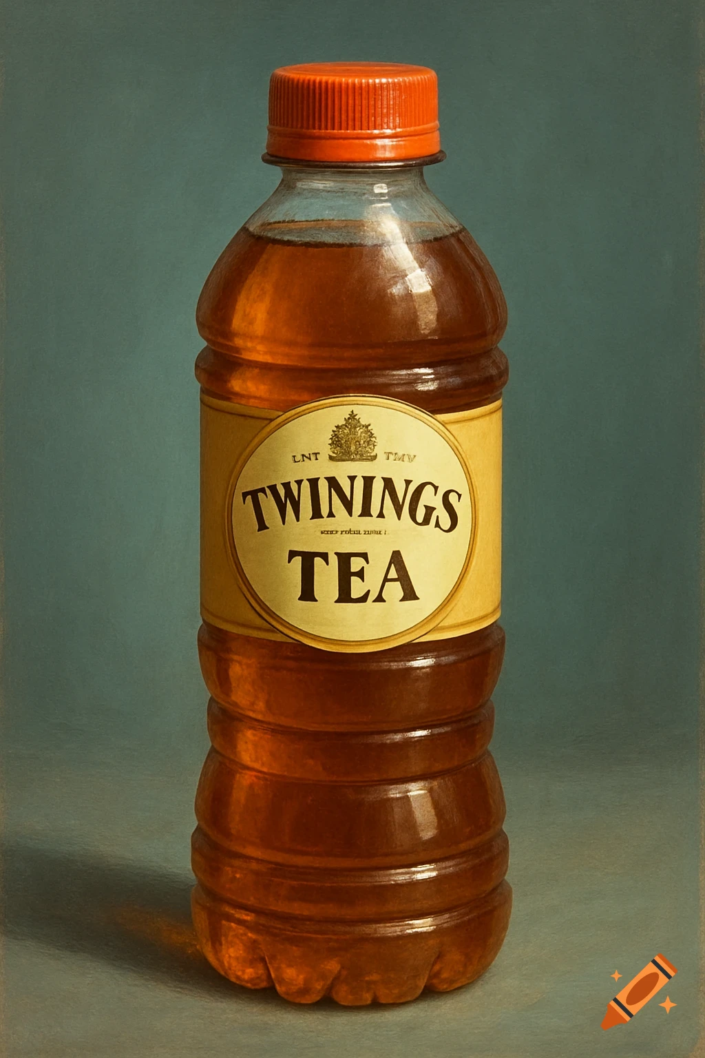 A bottle of Twinings tea is rendered in a painterly still life style against a blue background.