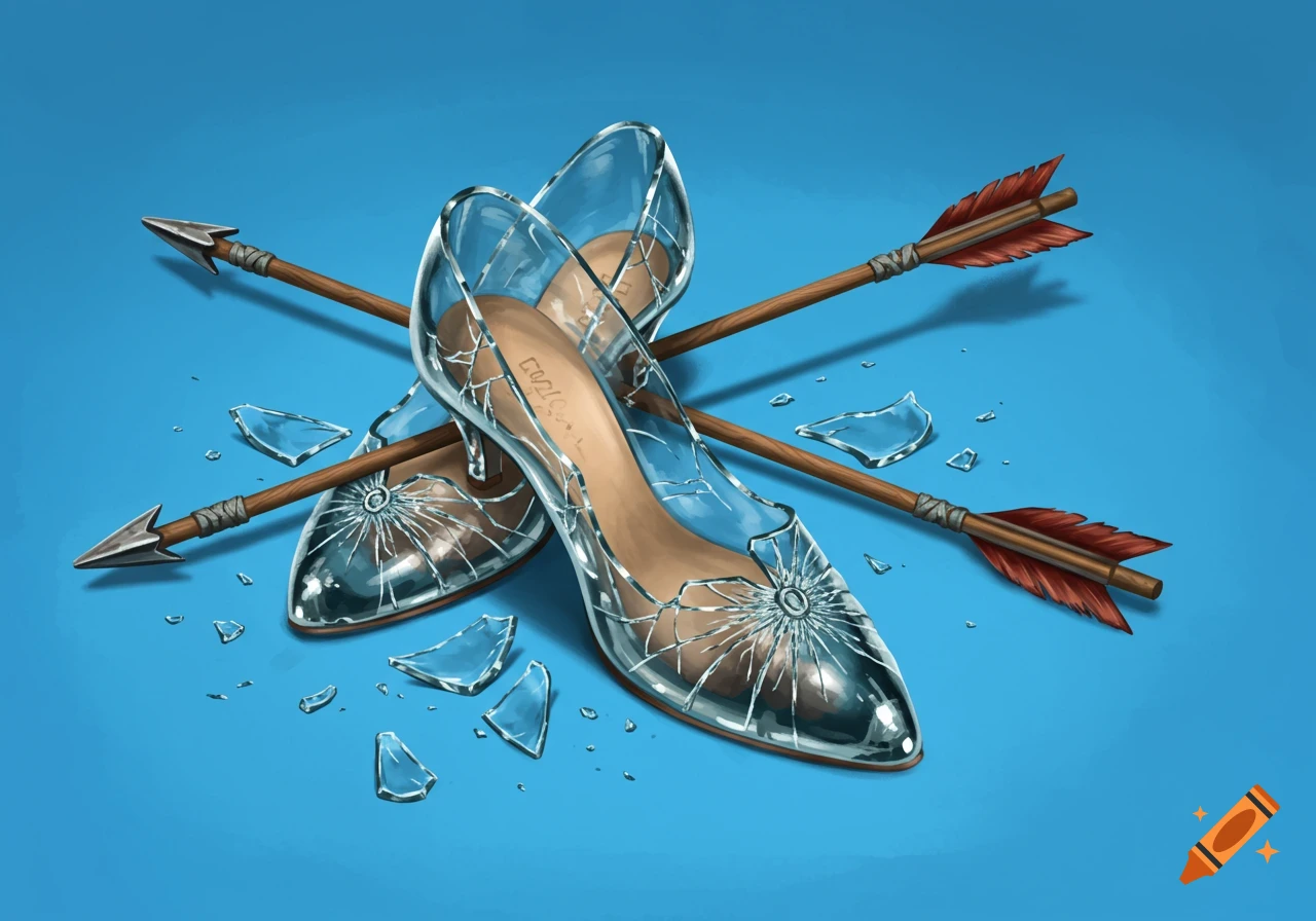 Illustration of cracked glass slippers with two arrows crossed over them on a blue background.