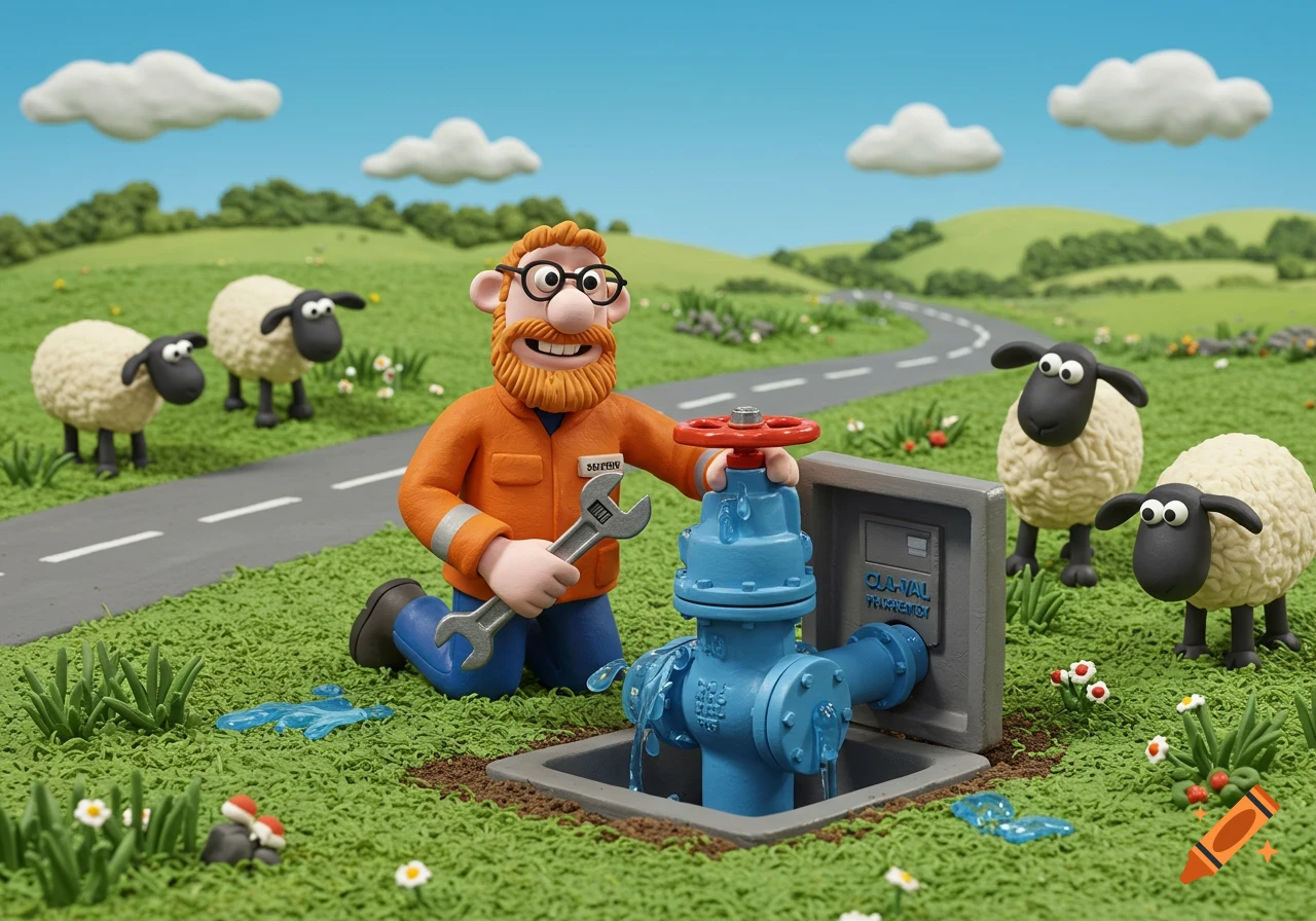 Claymation of a technician working on a water valve in a field with sheep watching.