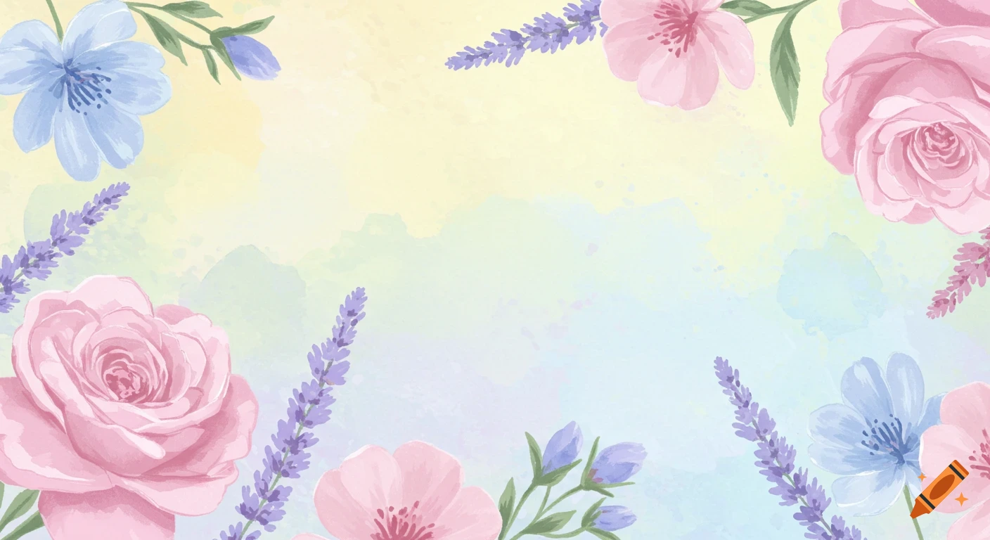 Pastel watercolor background with pink roses, blue flowers, and lavender border