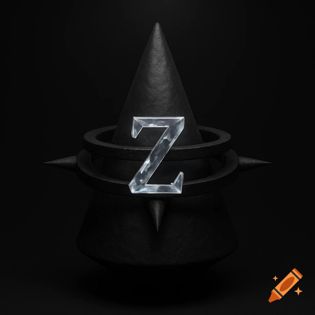 Crystalline letter Z in front of a dark cone with rings and spikes against a black background.