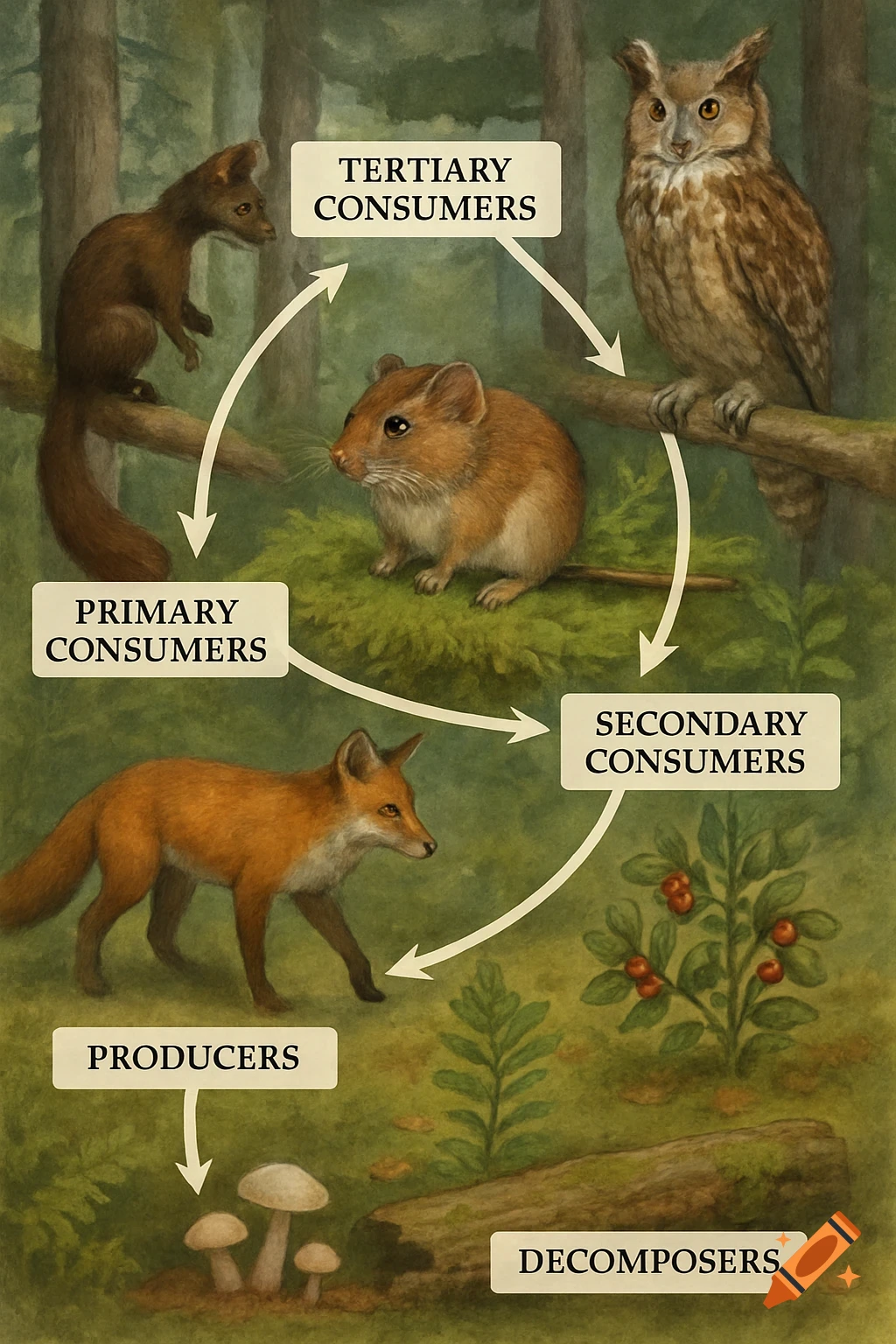 Illustration of a forest food web diagram showing producers, consumers, and decomposers with arrows.