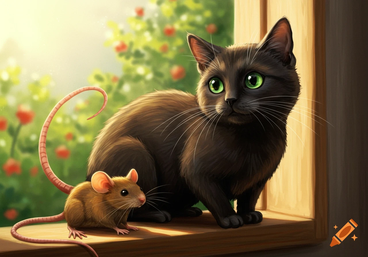 Illustration of a black cat and a mouse sitting on a window ledge with a garden view.