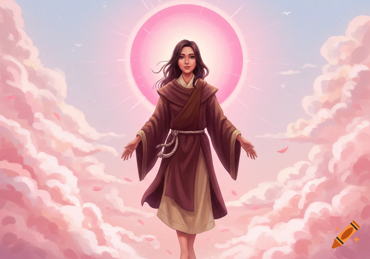 A woman in robes stands in pink clouds with a glowing circle behind her, in a fantasy style.