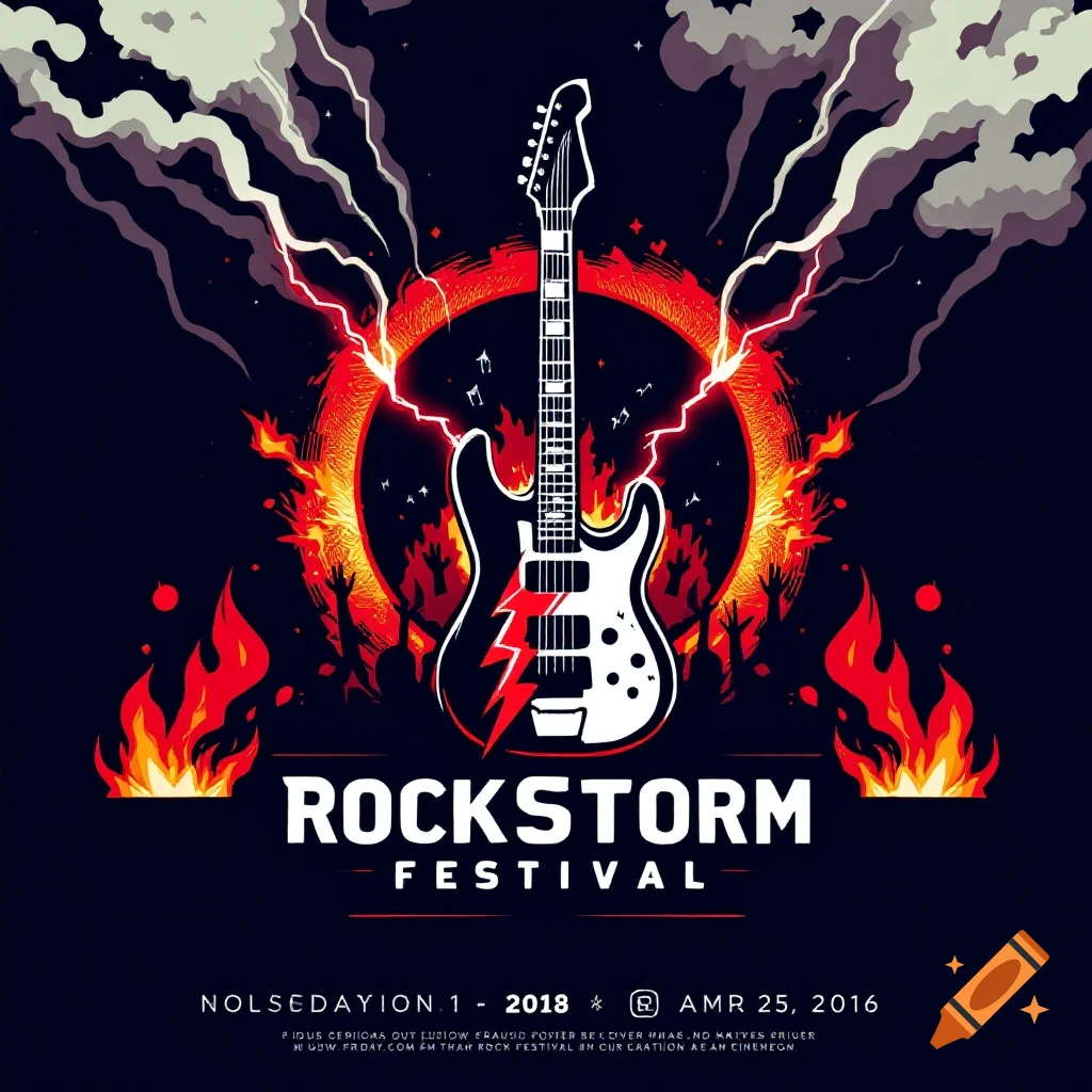 Graphic design poster for a rock music festival with a guitar, lightning, fire, and text.