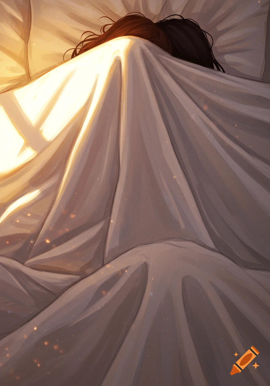 Illustration of a person sleeping under blankets bathed in warm morning light.