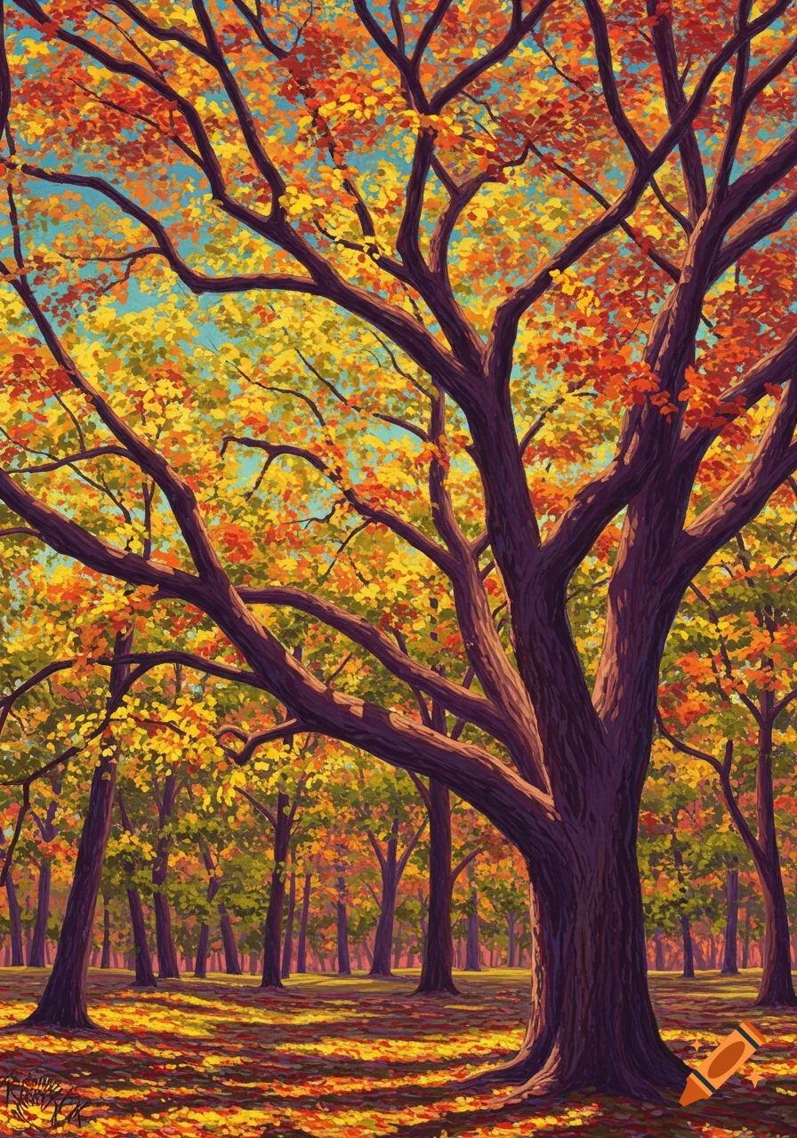 A vibrant painting of an autumn forest with trees displaying orange, yellow, and red leaves.