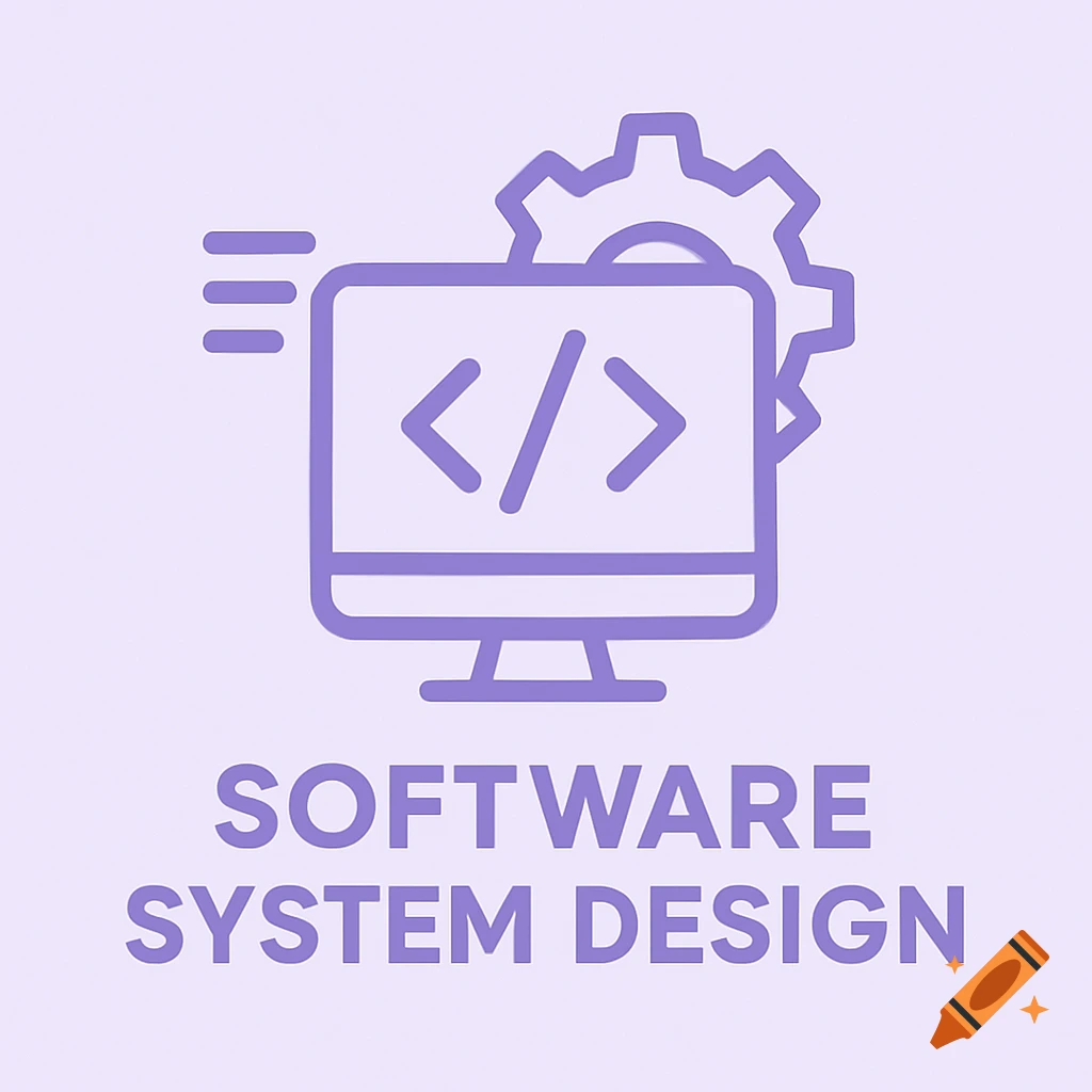 Purple icon of a monitor with code symbols and gear, with text 'SOFTWARE SYSTEM DESIGN'.
