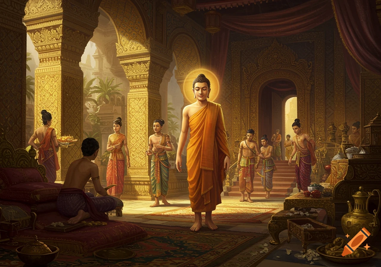 Digital painting of Buddha standing in a grand palace hall surrounded by people.