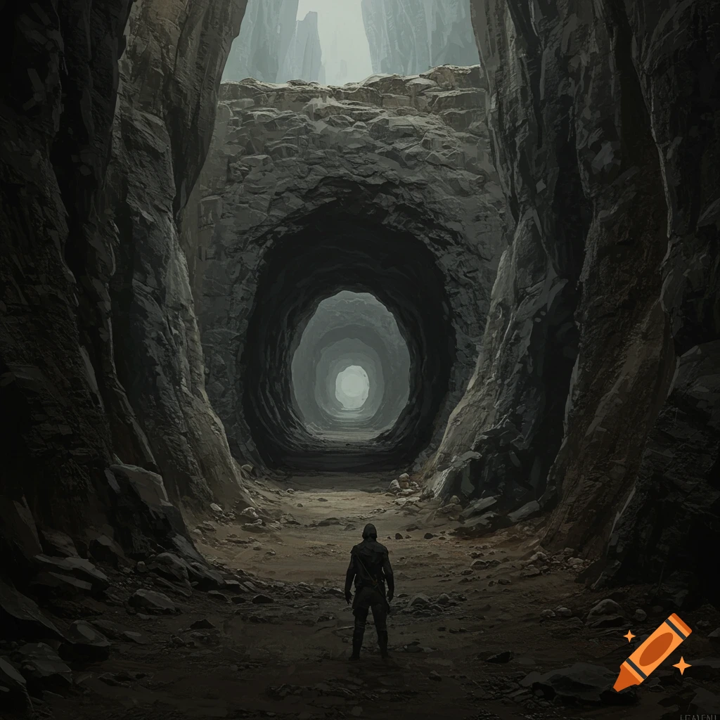 A lone figure stands at the entrance of a dark tunnel carved into a rocky canyon.