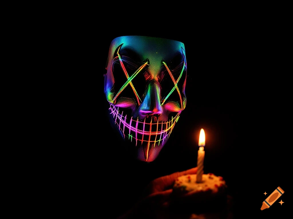 A glowing mask with light-up X eyes and stitched mouth holding a cupcake with a lit candle in the dark.