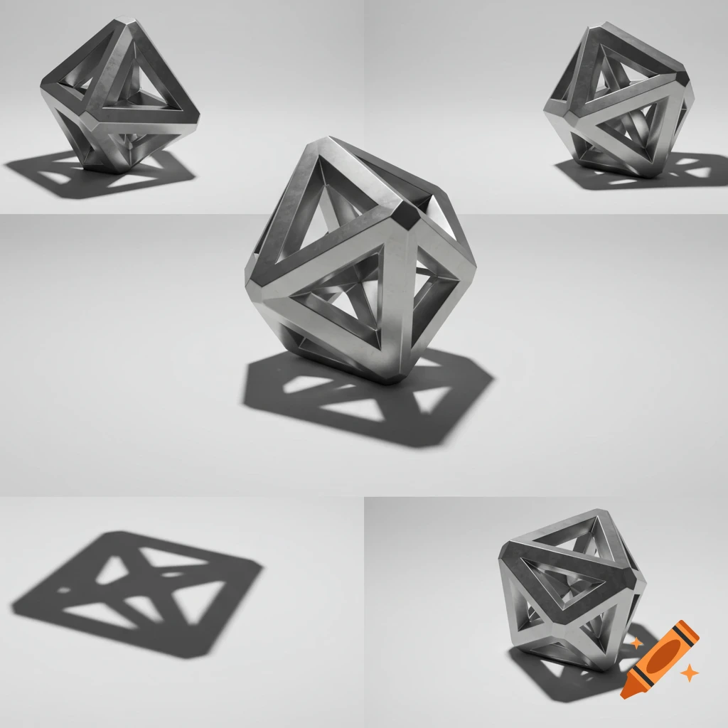 Multiple views of a metallic geometric abstract sculpture casting shadows