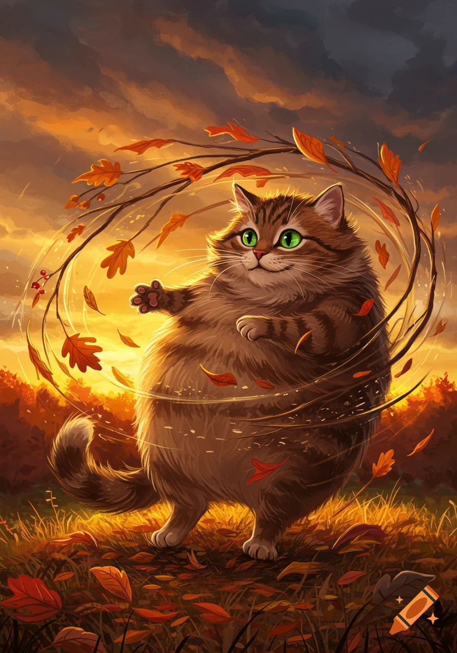 A fluffy brown cat with green eyes stands among swirling autumn leaves during a sunset in a whimsical style.