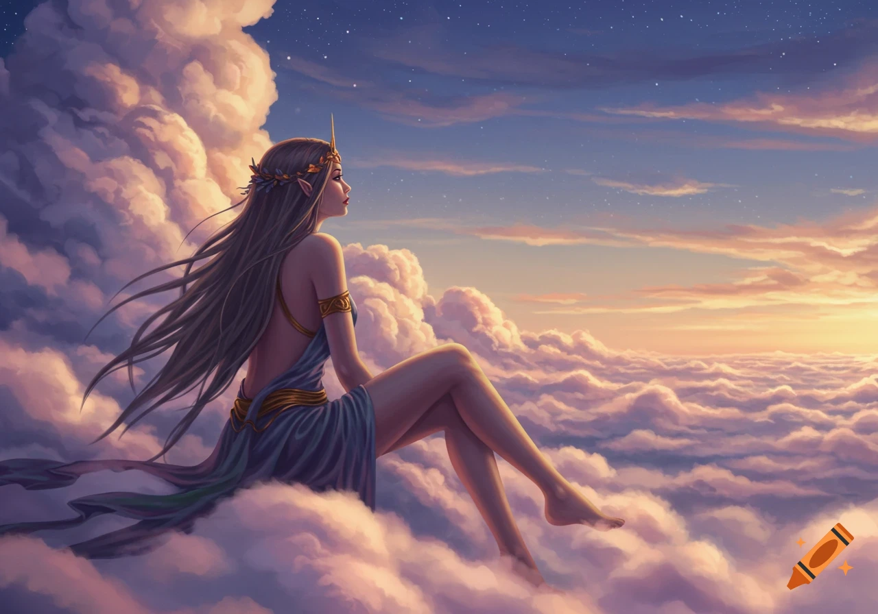 A fantasy figure sits on clouds, looking out at the sky with stars and a sunset.