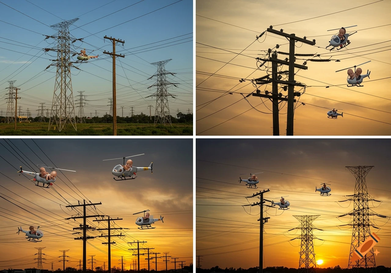 Four panels show babies flying small helicopters among power lines and towers at different times of day.