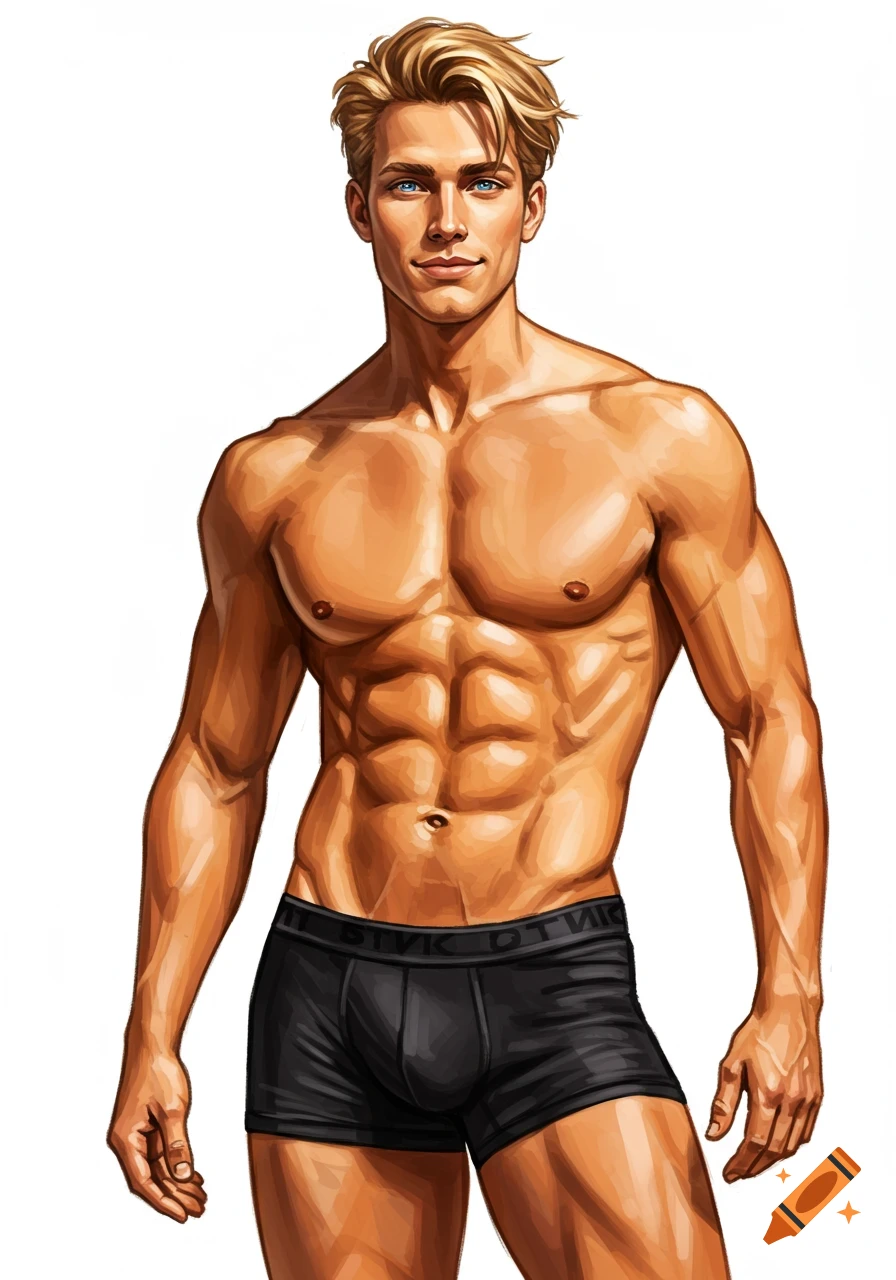 Illustration of a muscular blonde man in black boxer briefs.