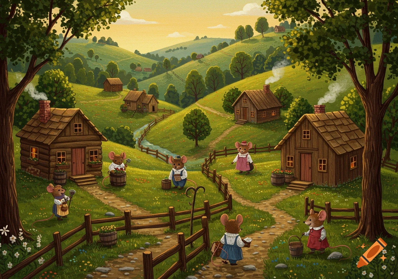 An illustration of anthropomorphic mice in a sunny village with houses, gardens, and fences in a green, rolling landscape.
