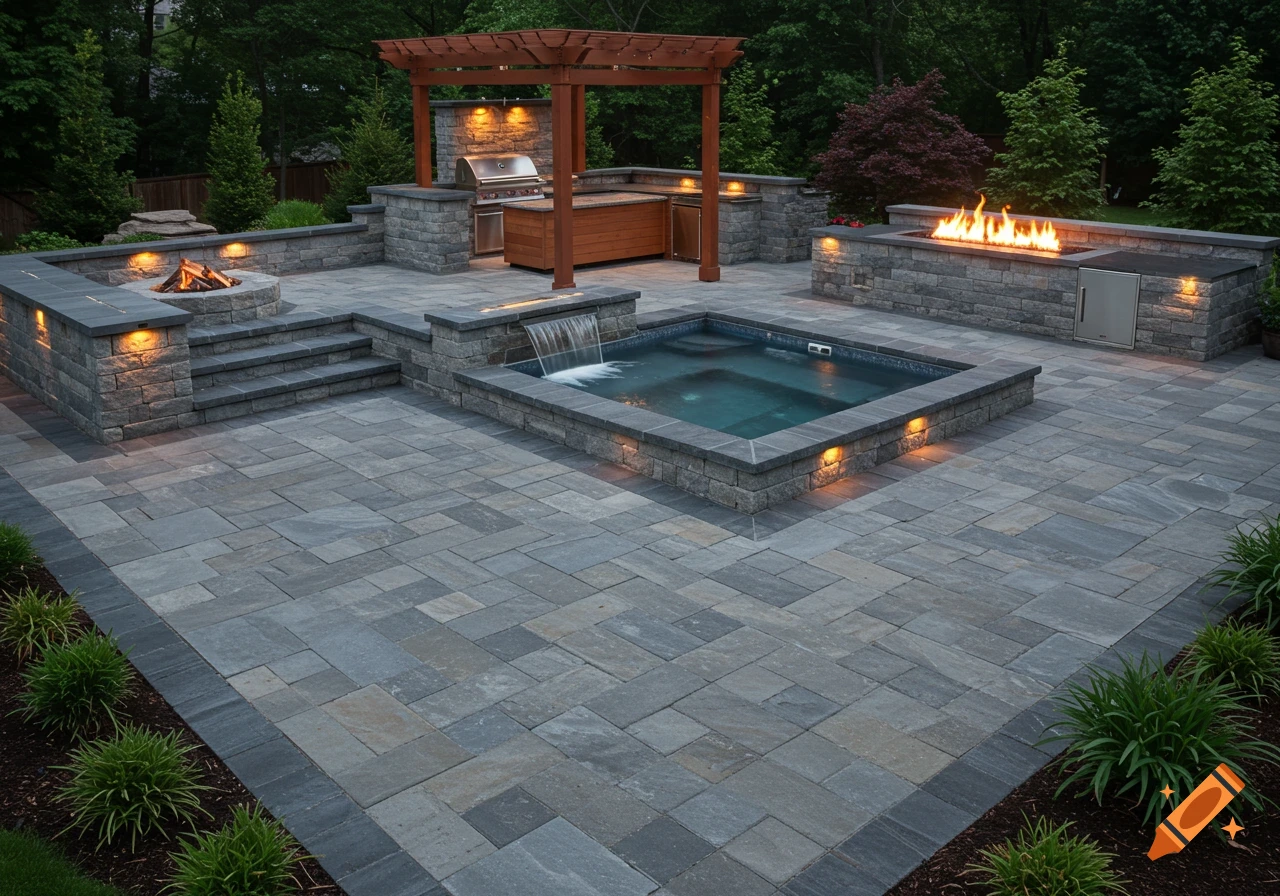 A stone patio features an inground hot tub with a waterfall, a fire pit area, and an outdoor kitchen with a pergola.