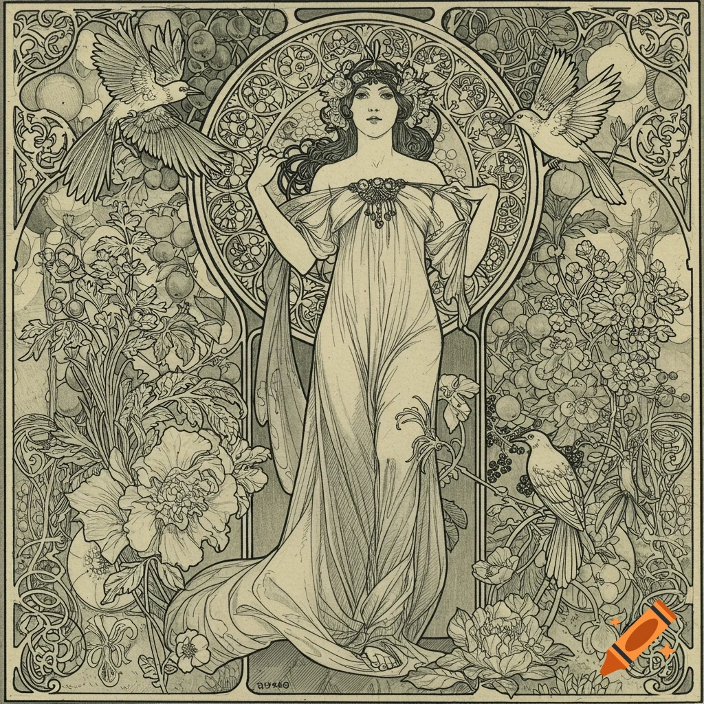 Ink illustration in Art Nouveau style of a woman surrounded by birds, fruit, and flowers.
