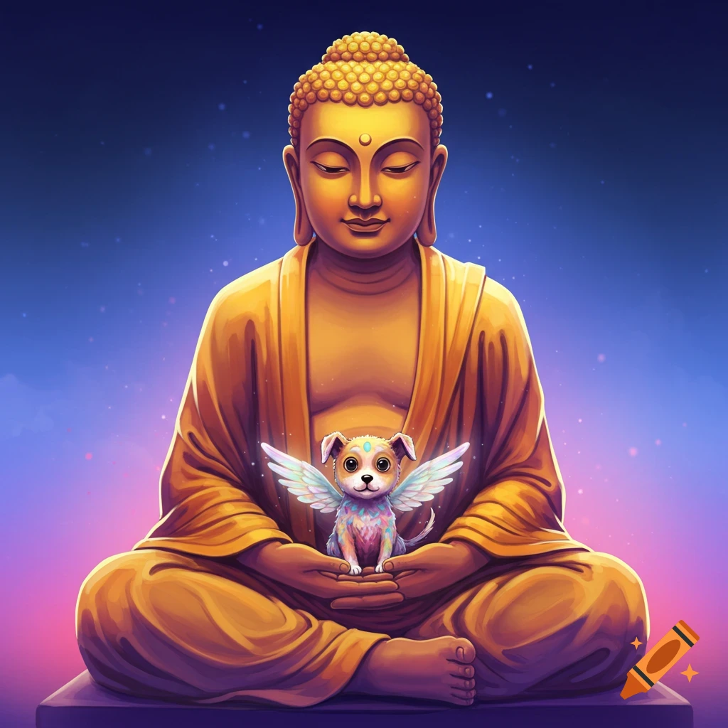 A golden Buddha figure sits in meditation, holding a small, winged dog in its hands against a cosmic background.