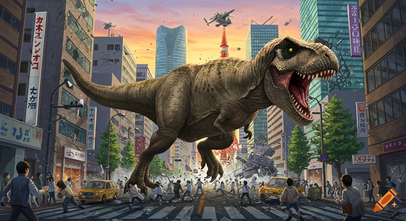 A large T-Rex runs through a crowded Tokyo street, crushing cars and scattering people.