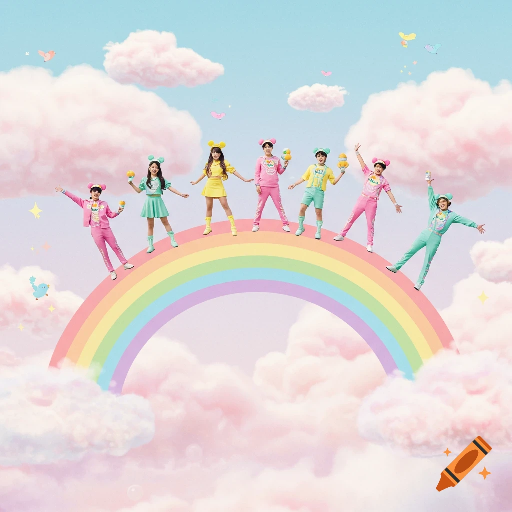 Cartoon characters stand on a rainbow in a cloudy sky