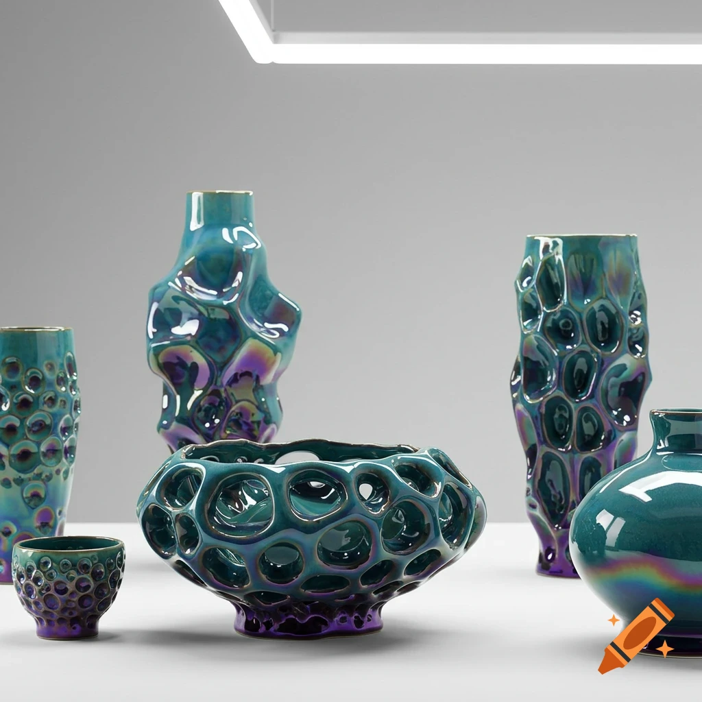 Iridescent, textured ceramic vases and a bowl on a surface.