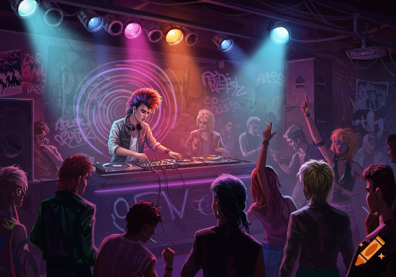 Illustration of a punk DJ playing records for a crowd in a dark 1980s club with neon lights and graffiti