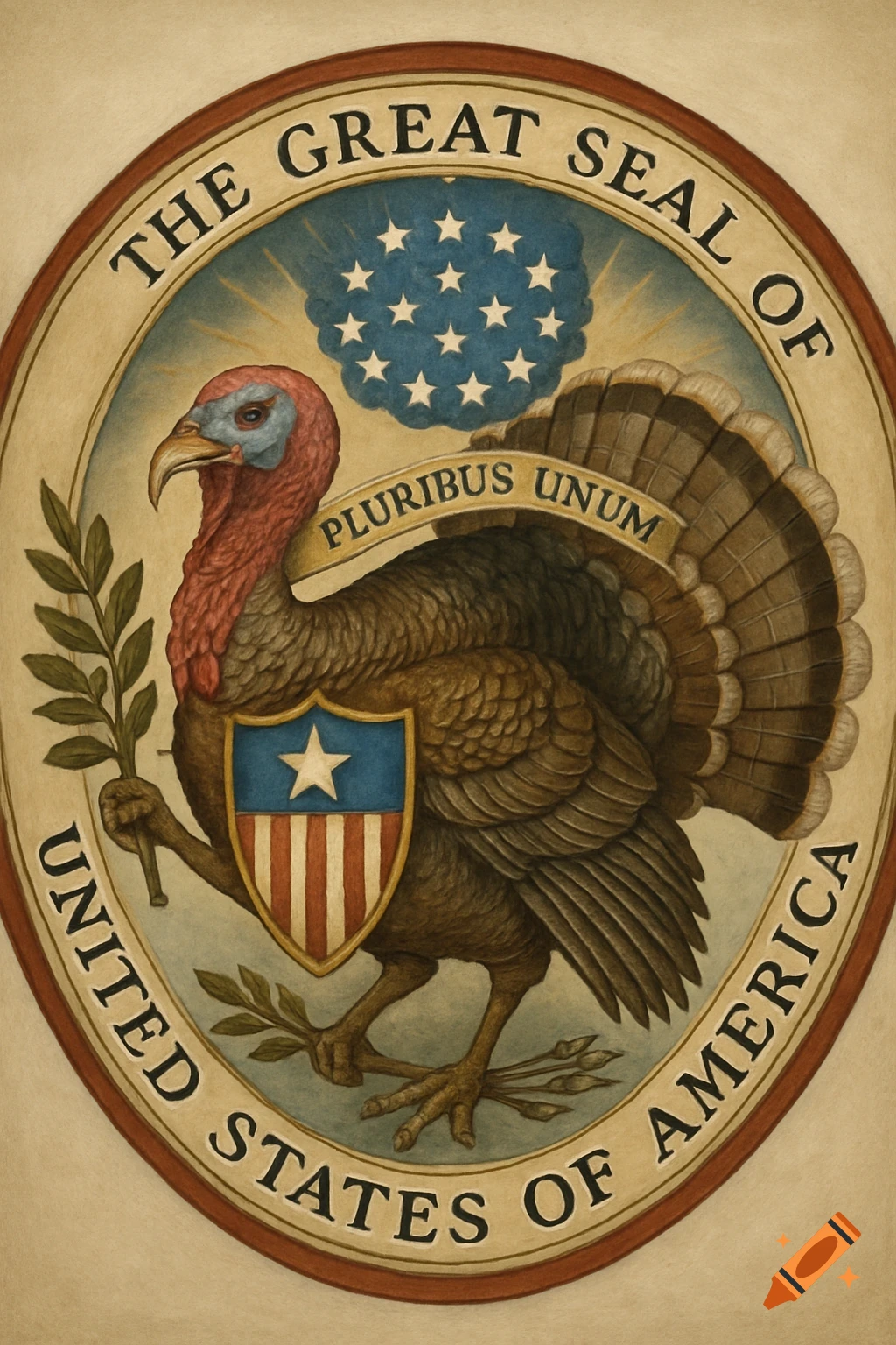 Great Seal with a turkey replacing the eagle, holding an olive branch and bearing a shield, text around the border.