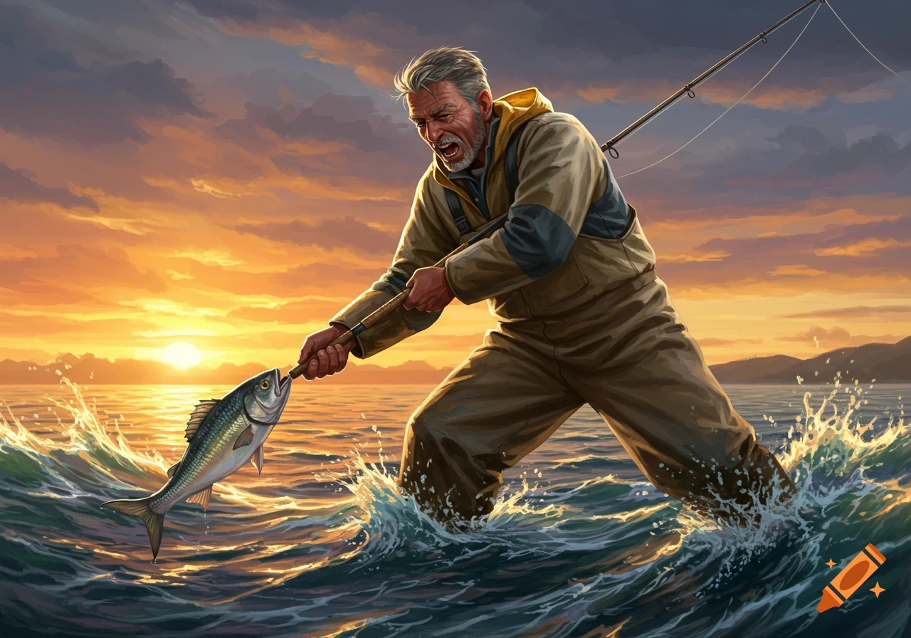 Man in waders standing in water catches a fish on a fishing rod at sunset.