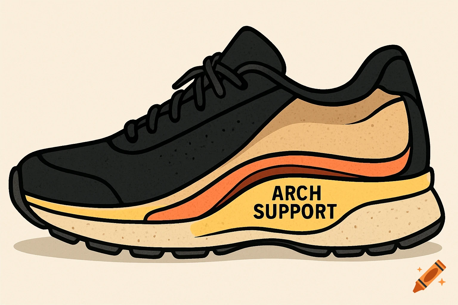 Cartoon cross-section illustration of a black running shoe with ARCH SUPPORT text