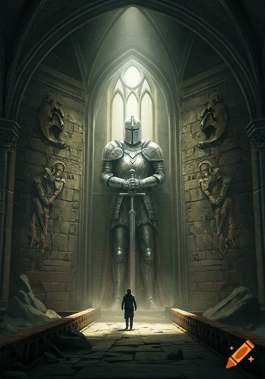 A lone figure stands on a walkway looking up at a giant statue of a knight in an ornate stone chamber.