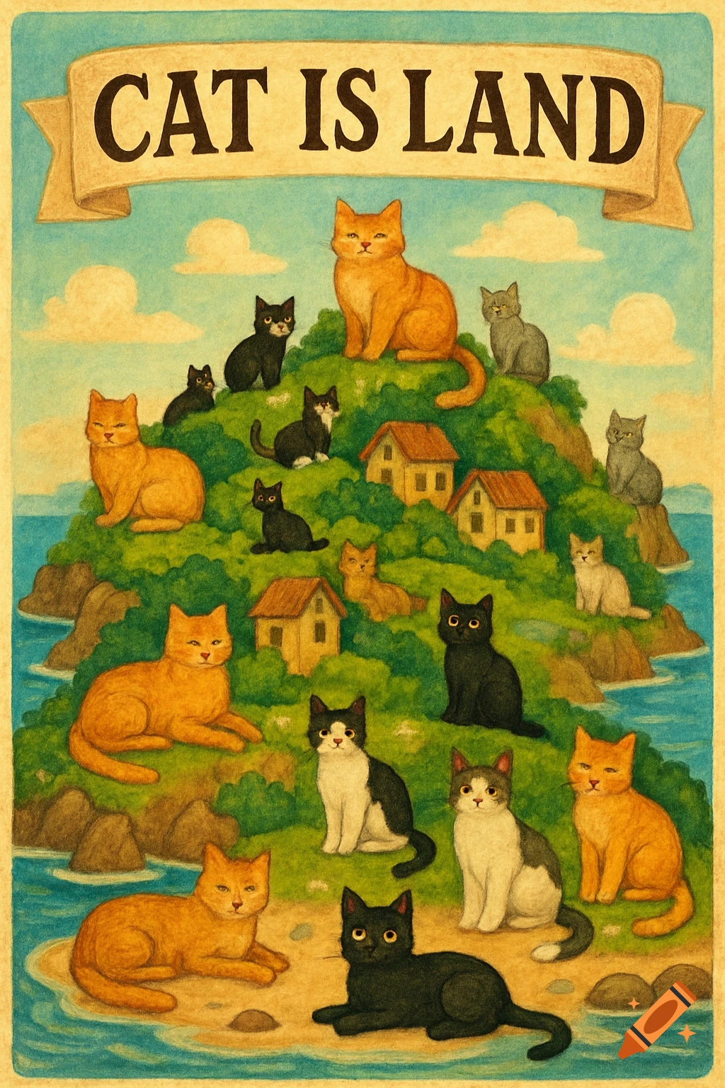 An illustration of an island covered in houses and many cats, with a banner at the top reading "CAT IS LAND".
