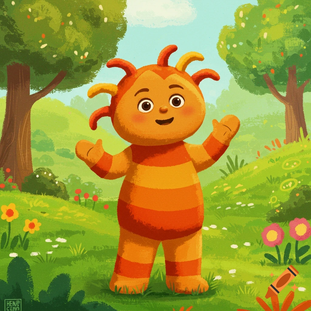An orange and yellow striped character from In the Night Garden stands in a grassy garden.