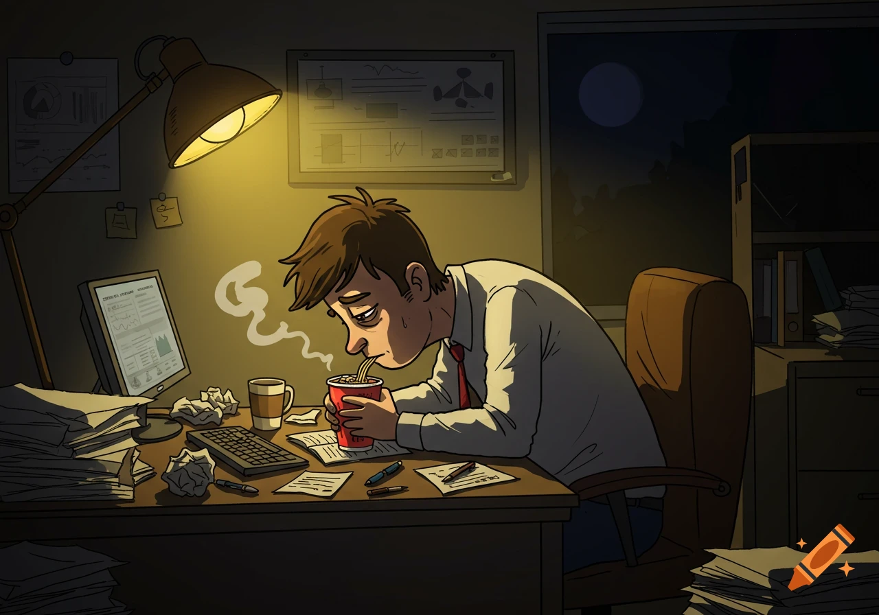 Cartoon of a tired office worker eating cup noodles at a messy desk late at night.
