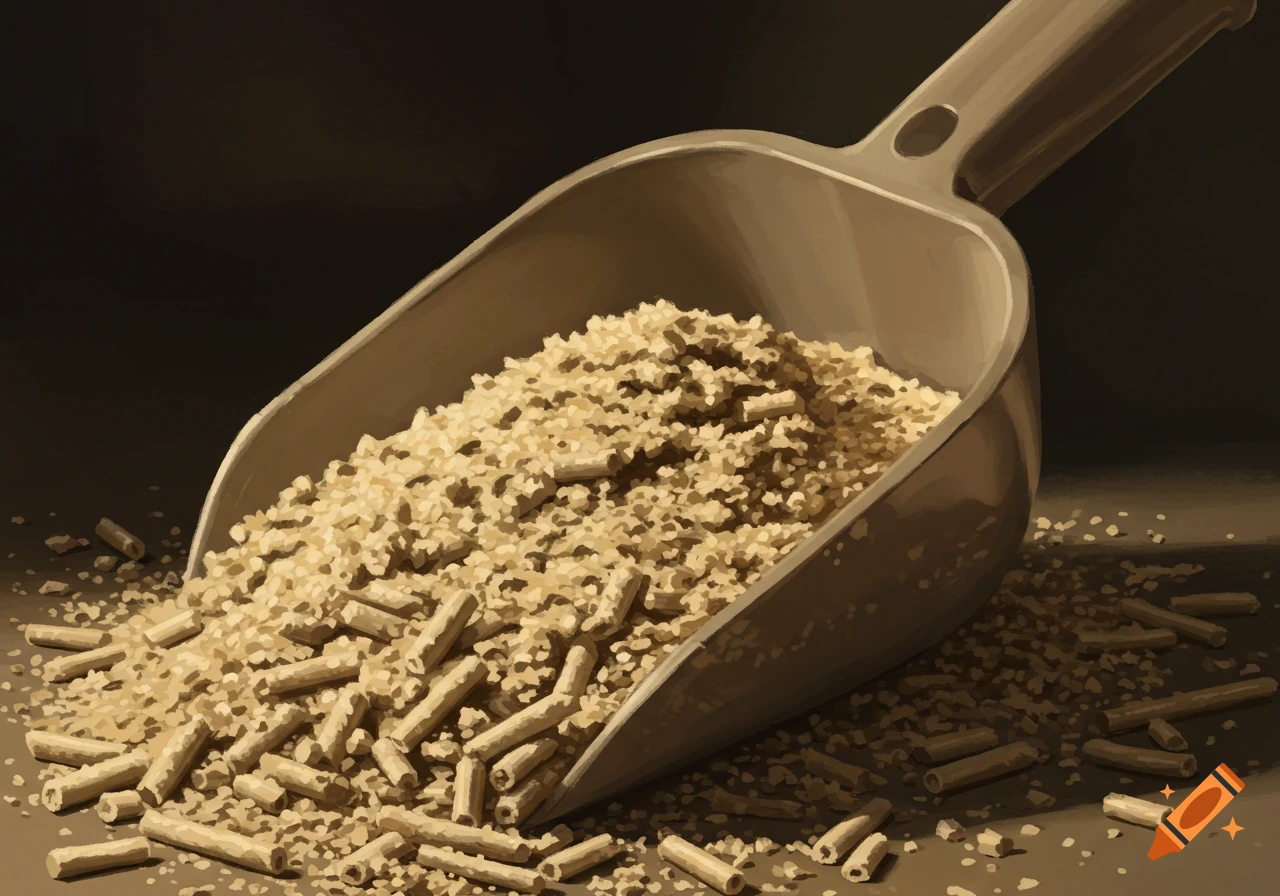 Close-up painterly image of a scoop filled with cat litter, with more litter spilled around it.