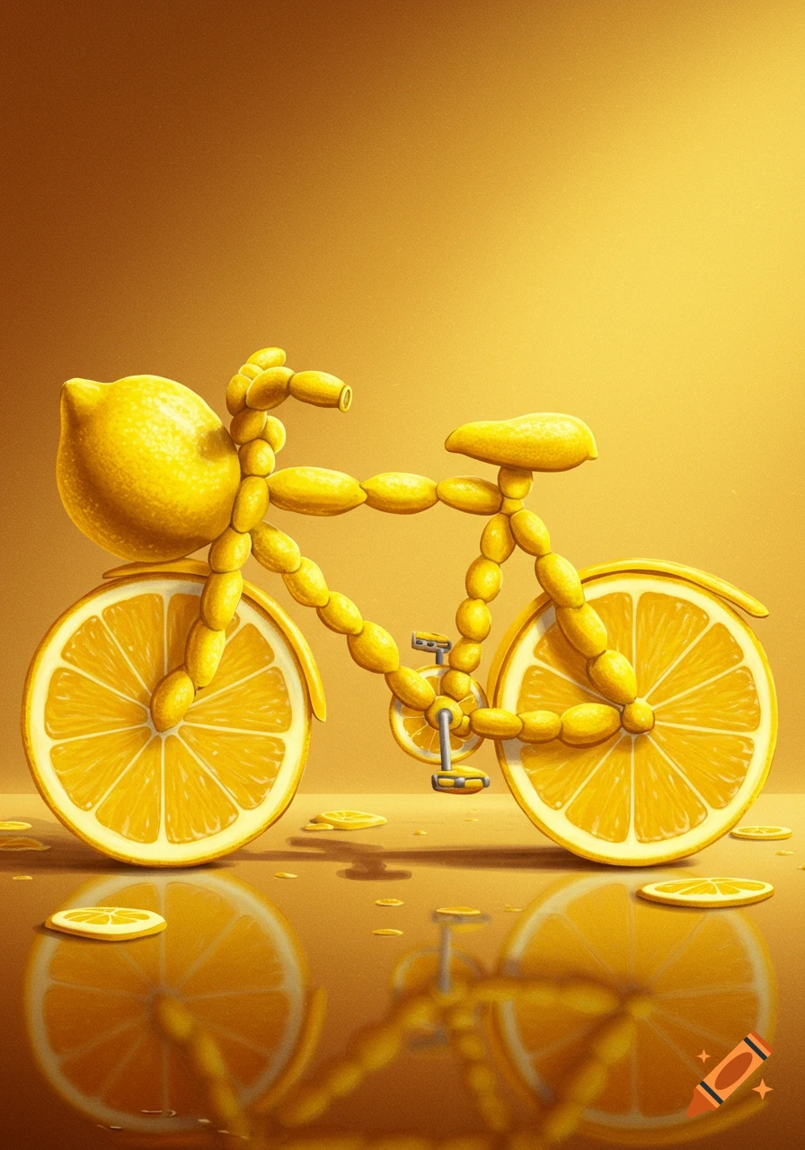A bicycle constructed entirely from lemons and lemon slices, on a reflective surface.