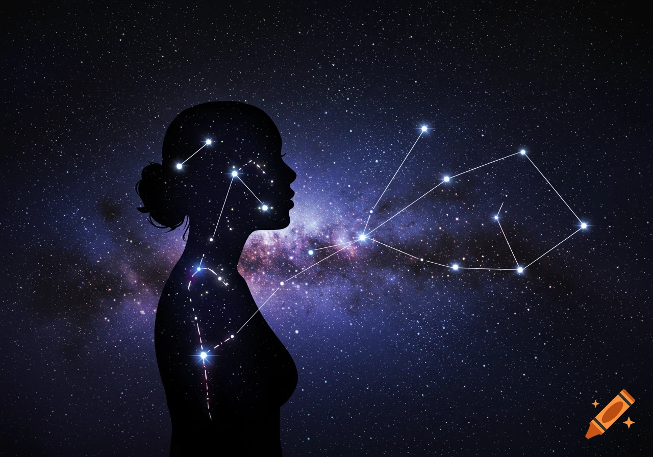 Silhouette of a woman with constellations inside against a starry sky.