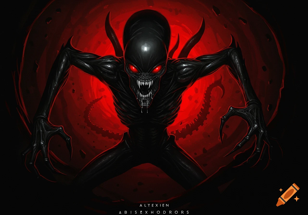 A black alien creature with sharp teeth and red eyes stares menacingly against a dark red background.