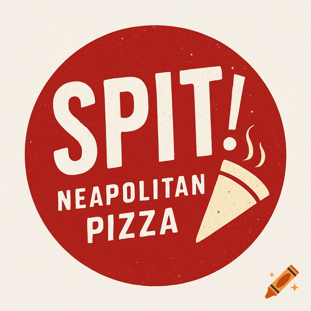 Logo for Spit! Neapolitan Pizza: red circle with white text and a stylized pizza slice.